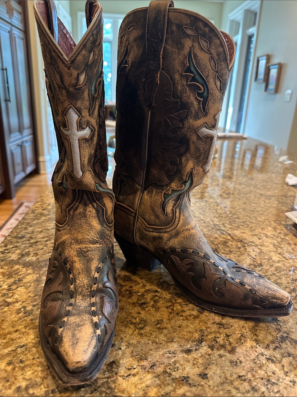 Dan Post Brown Leather Embroidered Heeled Cowgirl Boots with Turquoise Accents